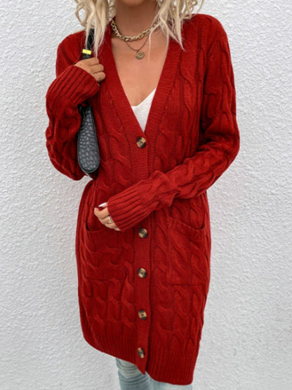 Cable-Knit Button Down Cardigan with Pockets Carauana Store