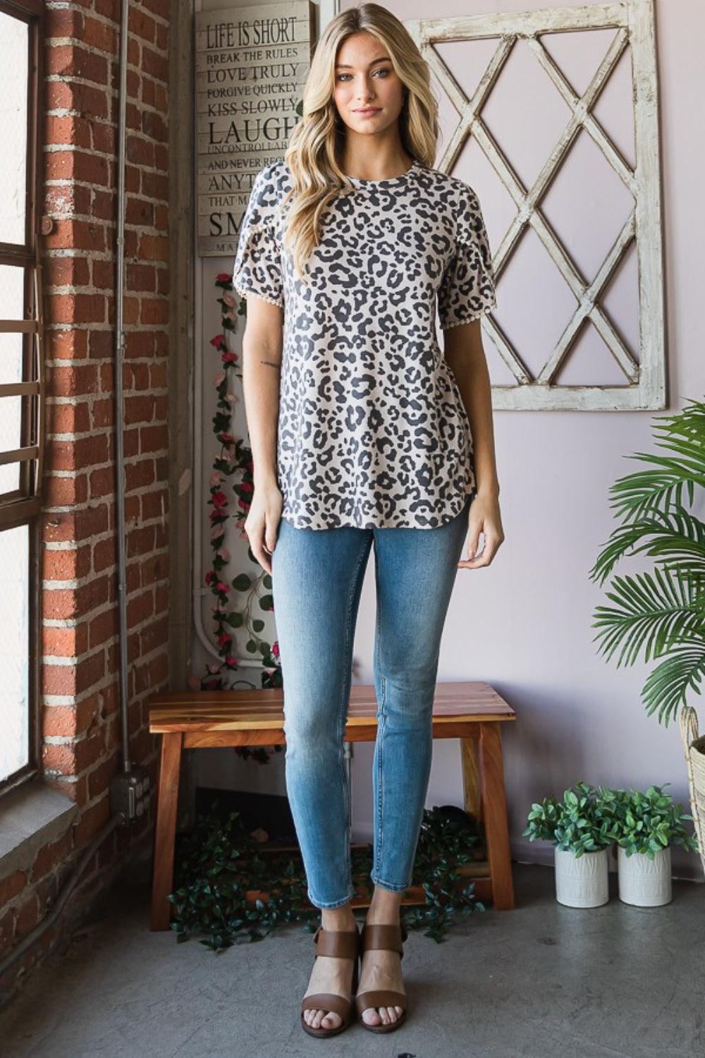 Heimish Leopard Round Neck Petal Sleeve T-Shirt Carauana Store