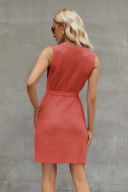 Tied Round Neck Sleeveless Sweater Dress Carauana Store