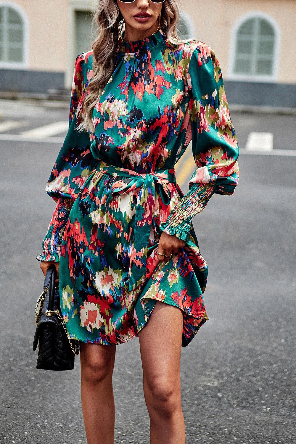 Printed Tie Waist Mock Neck Lantern Sleeve Dress Carauana Store