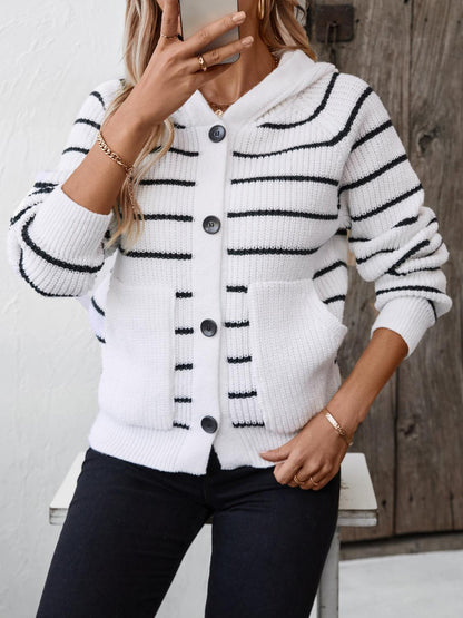 Striped Button Up Long Sleeve Hooded Cardigan Carauana Store