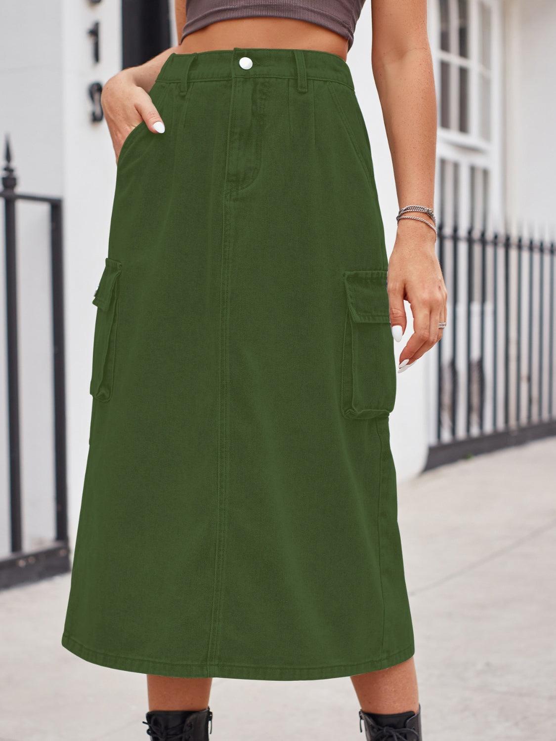 Slit Buttoned Denim Skirt with Pockets Carauana Store