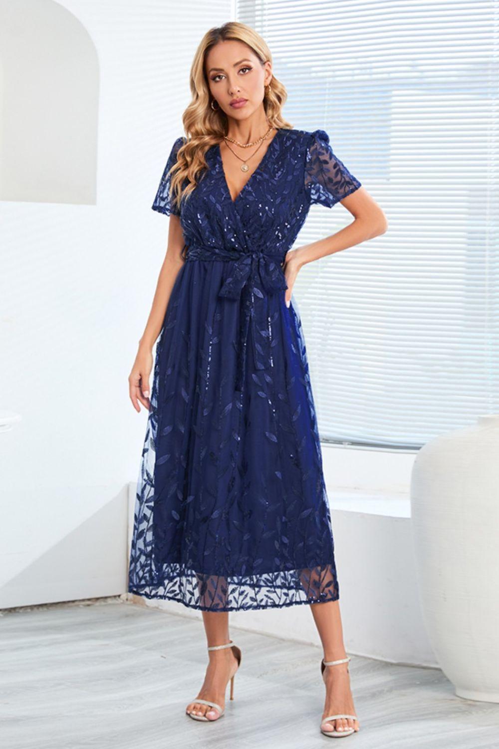 Sequin Leaf Embroidery Tie Front Short Sleeve Dress Carauana Store