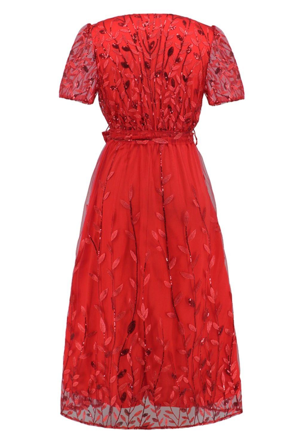 Sequin Leaf Embroidery Tie Front Short Sleeve Dress Carauana Store