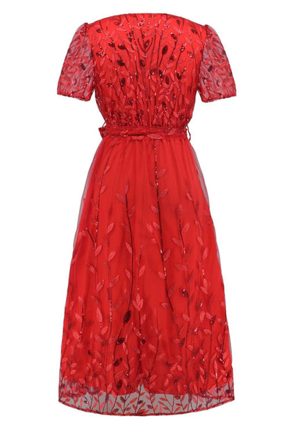 Sequin Leaf Embroidery Tie Front Short Sleeve Dress Carauana Store