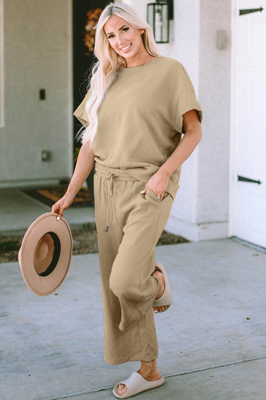 Double Take Full Size Texture Short Sleeve Top and Pants Set Carauana Store