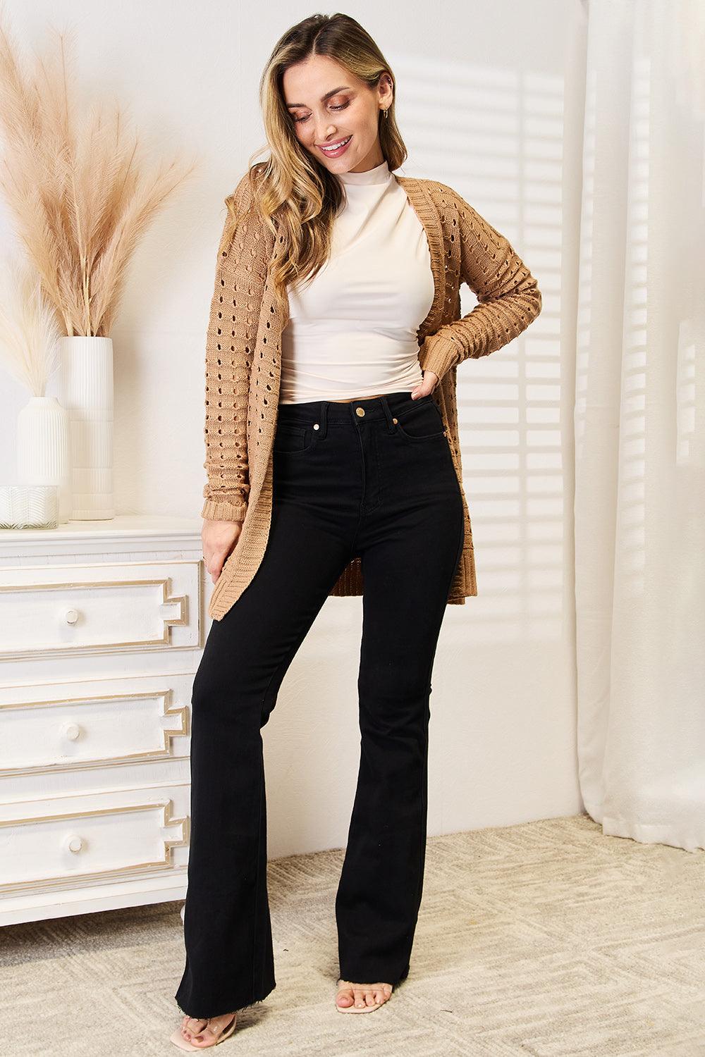 Woven Right Openwork Horizontal Ribbing Open Front Cardigan Carauana Store