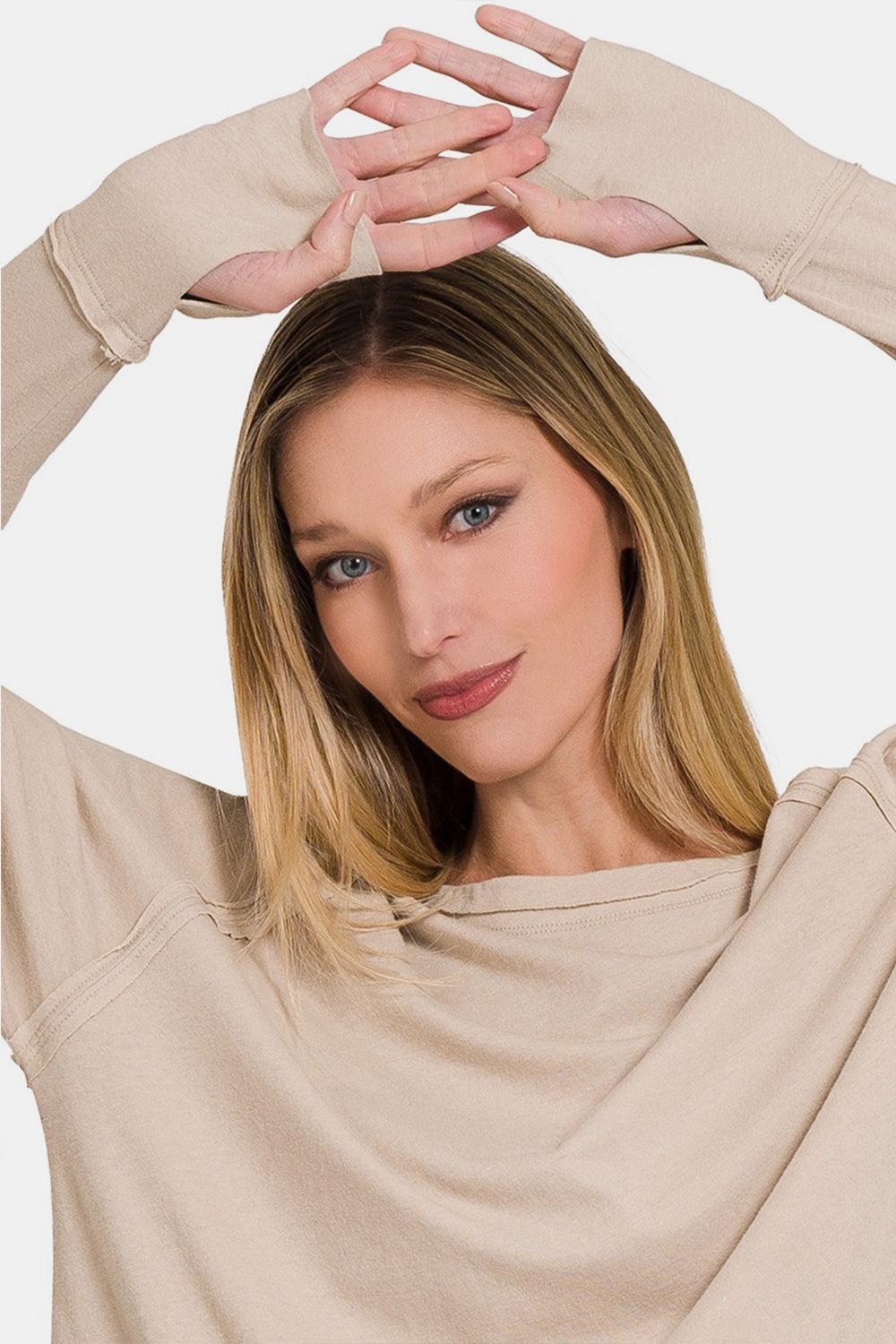 Zenana Round Neck Thumbhole Long Sleeve Top Carauana Store
