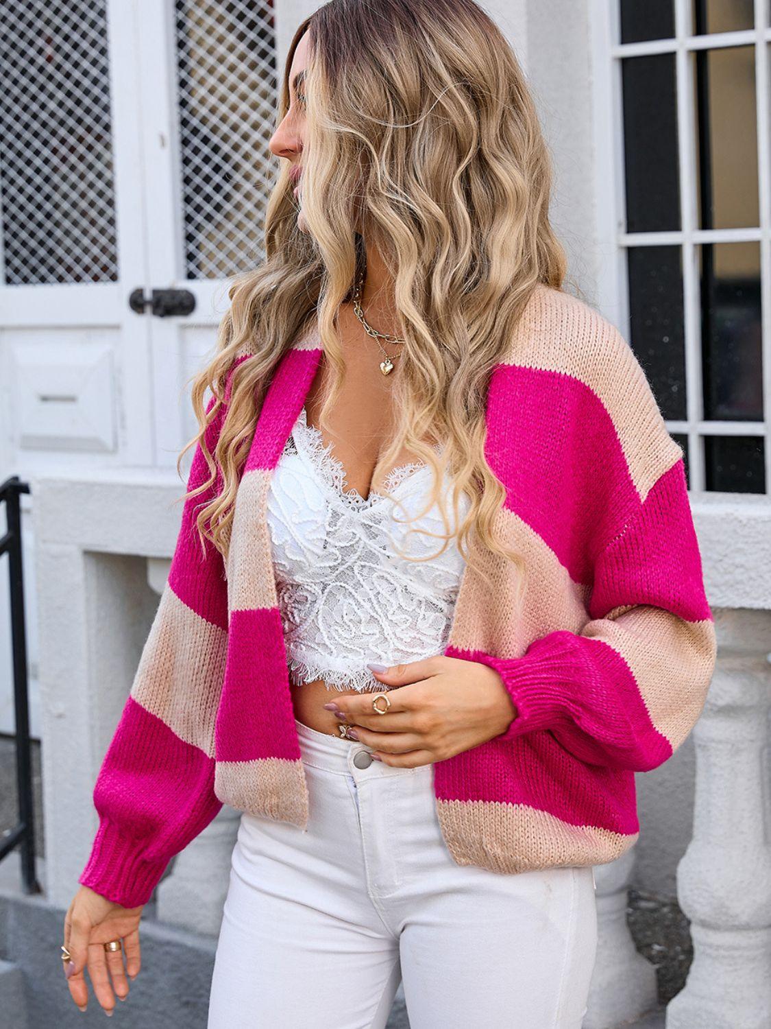 Angel Wings Striped Open Front Dropped Shoulder Cardigan Carauana Store