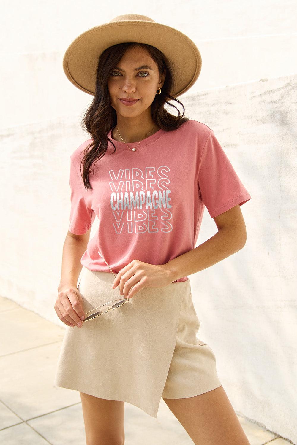 Simply Love Full Size CHAMPAGNE VIBES Short Sleeve T-Shirt Carauana Store