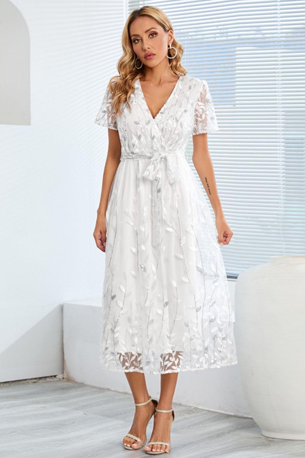 Sequin Leaf Embroidery Tie Front Short Sleeve Dress Carauana Store