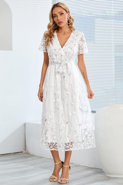 Sequin Leaf Embroidery Tie Front Short Sleeve Dress Carauana Store