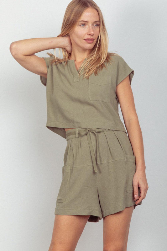 VERY J Woven Cropped Top & Waist Tie Shorts Set Carauana Store