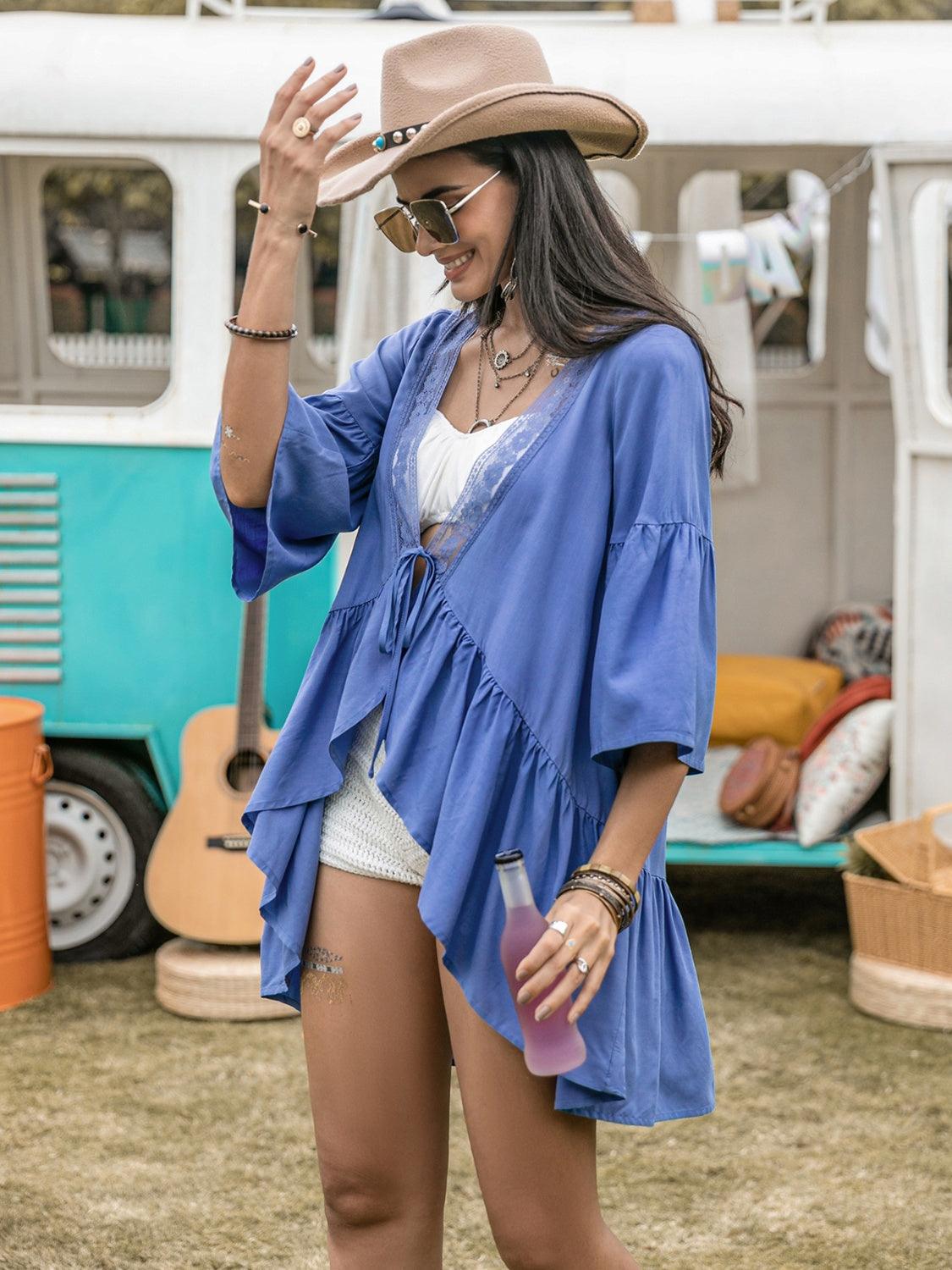 Lace Detail Tied Dropped Shoulder Cover Up Carauana Store