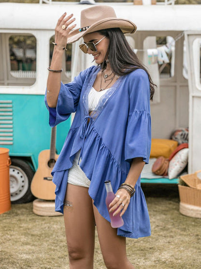 Lace Detail Tied Dropped Shoulder Cover Up Carauana Store