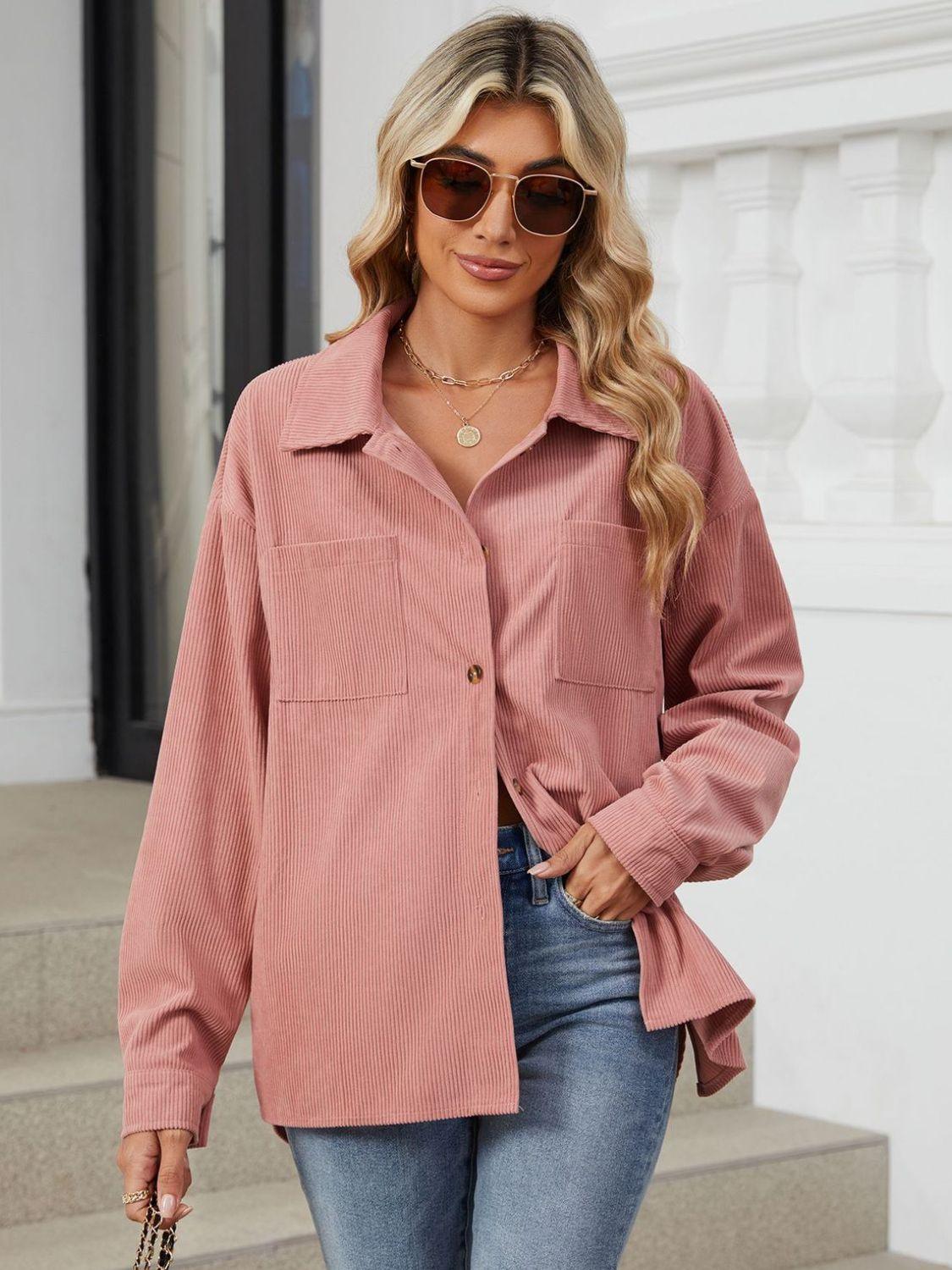 Button Up Dropped Shoulder Long Sleeve Outerwear Carauana Store