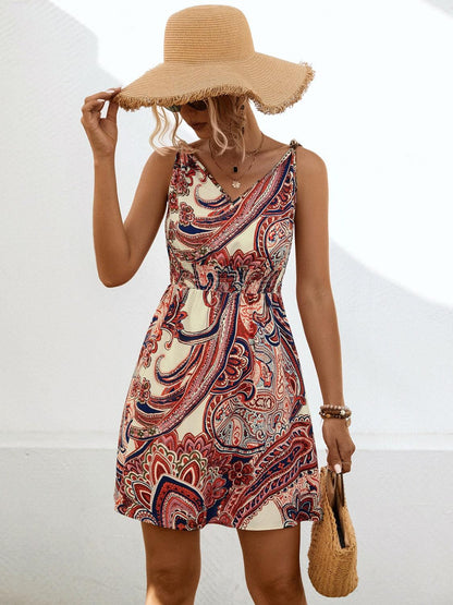 Smocked Printed V-Neck Mini Dress Carauana Store