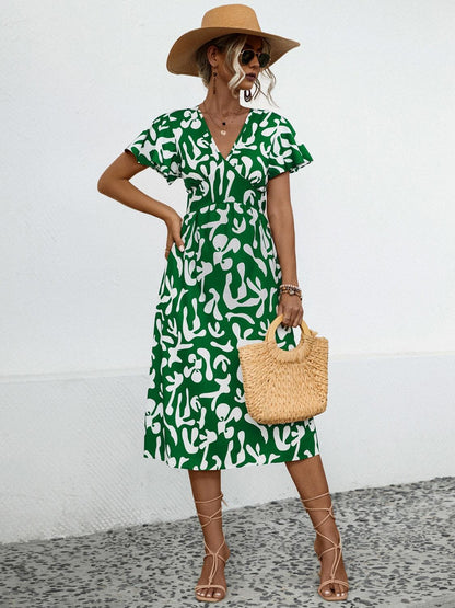 Printed V-Neck Short Sleeve Dress Carauana Store