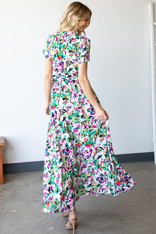 First Love Slit Printed Surplice Tie Waist Short Sleeve Dress Carauana Store