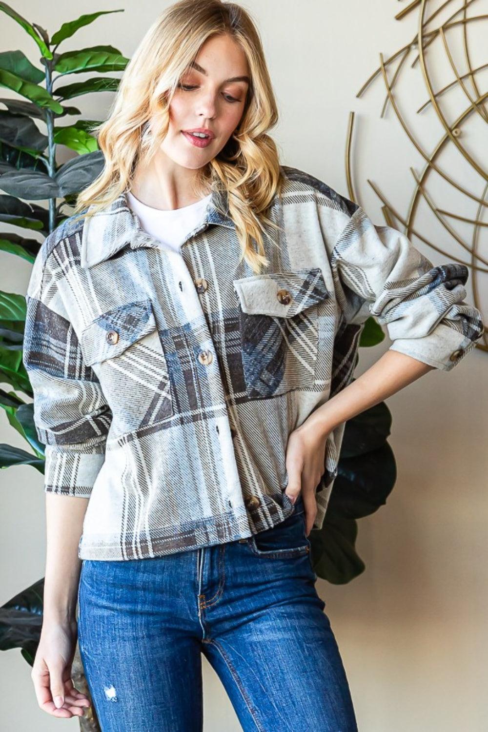 Reborn J Plaid Button Up Long Sleeve Shacket Carauana Store