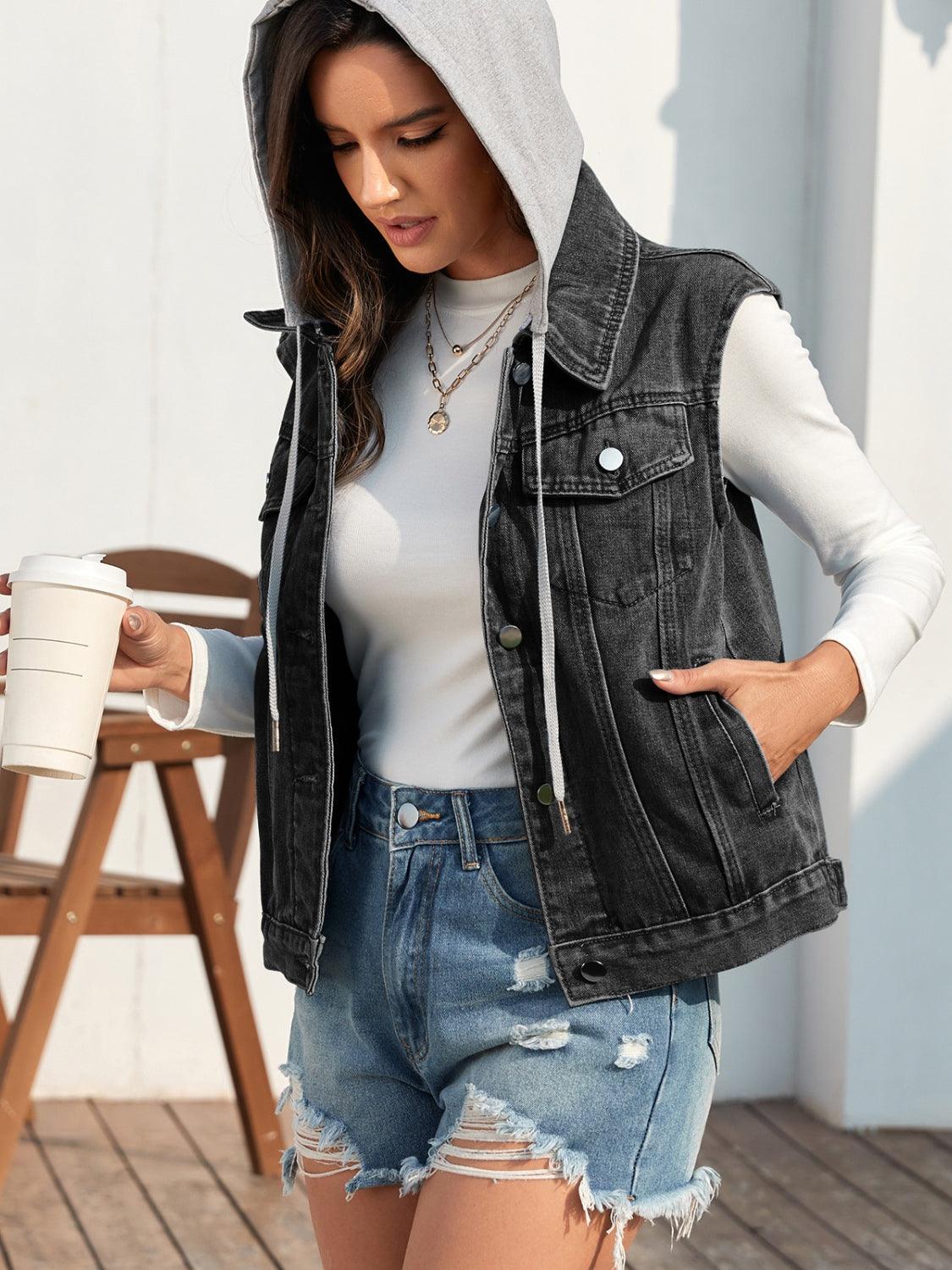 Pocketed Button Up Hooded Denim Jacket Carauana Store