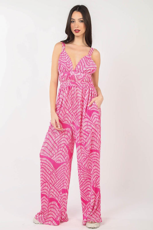 VERY J Printed Pleated Sleeveless Wide Leg Jumpsuit Carauana Store
