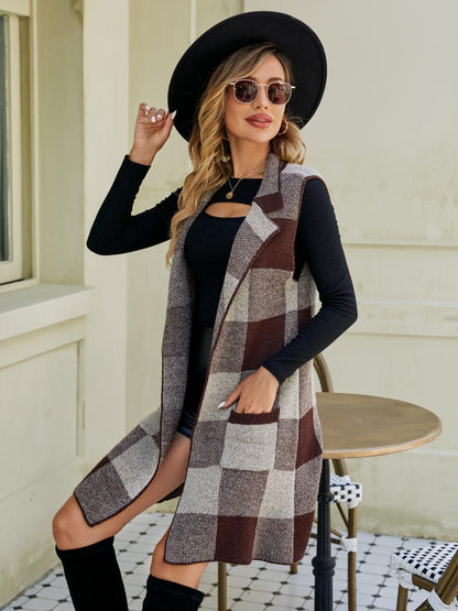 Plaid Lapel Collar Sleeveless Cardigan Carauana Store