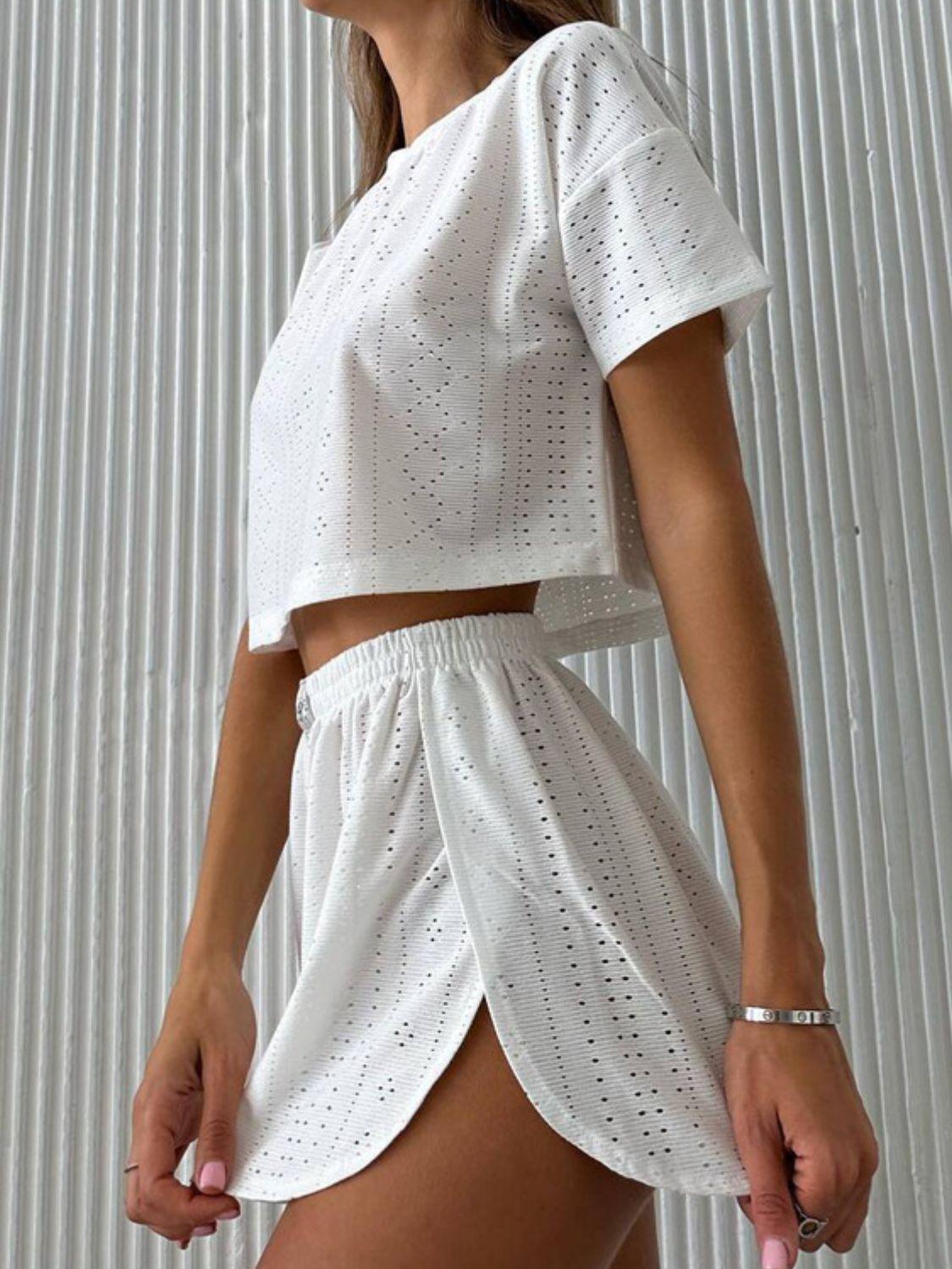 Eyelet Round Neck Top and Shorts Set Carauana Store