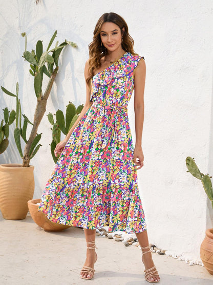 Ruffled Printed One Shoulder Midi Dress Carauana Store