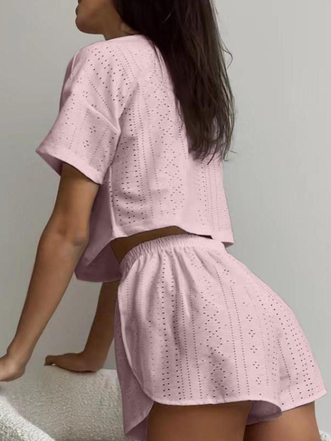 Eyelet Round Neck Top and Shorts Set Carauana Store