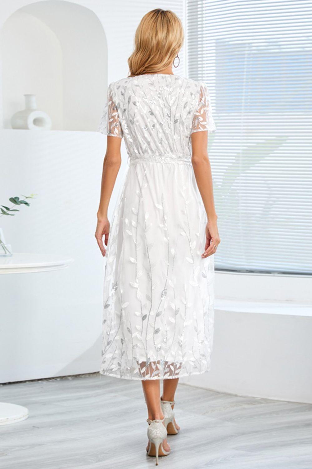 Sequin Leaf Embroidery Tie Front Short Sleeve Dress Carauana Store