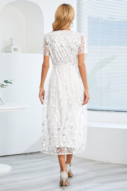 Sequin Leaf Embroidery Tie Front Short Sleeve Dress Carauana Store