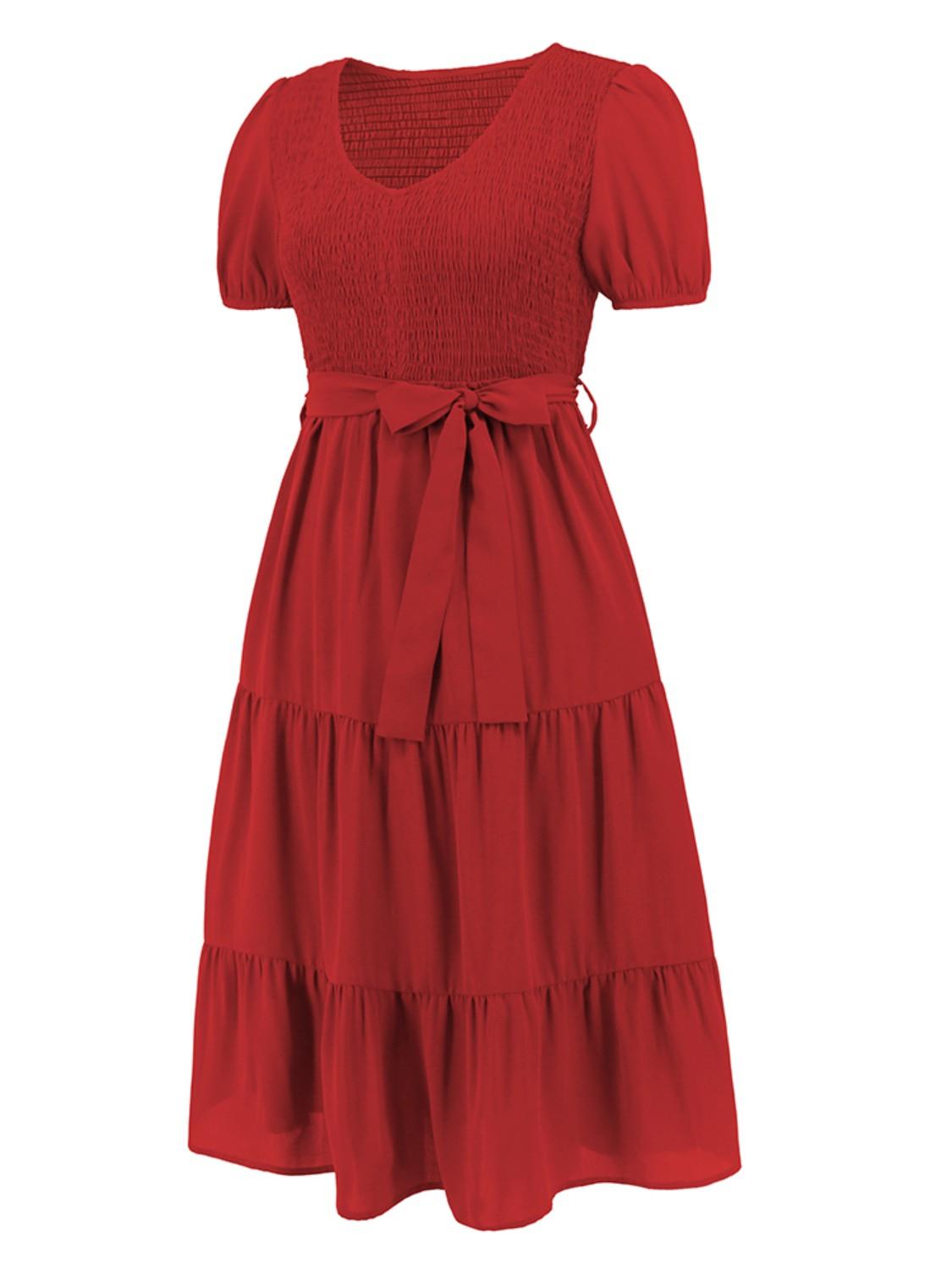 Smocked Tie Front Short Sleeve Tiered Dress Carauana Store