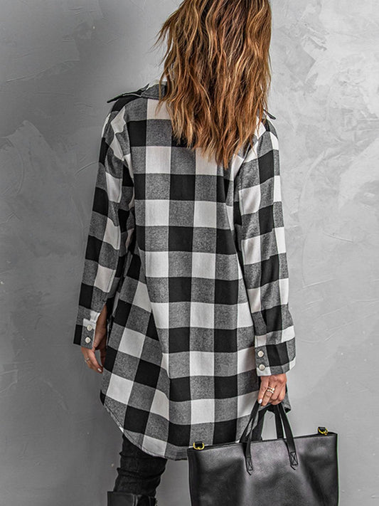Plaid Snap Down Long Sleeve Jacket Carauana Store