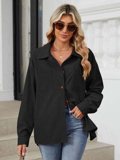 Button Up Dropped Shoulder Long Sleeve Outerwear Carauana Store