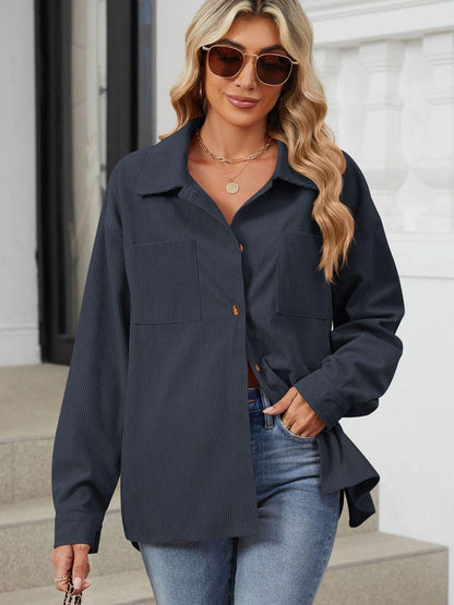 Button Up Dropped Shoulder Long Sleeve Outerwear Carauana Store