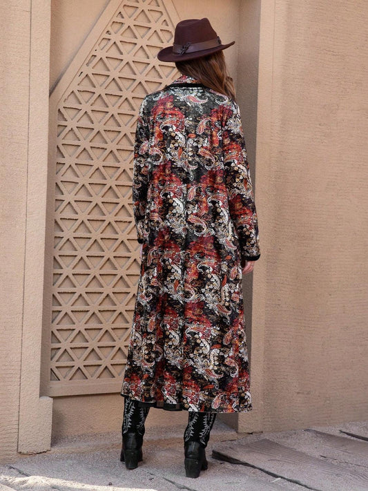 Printed Open Front Long Sleeve Outerwear Carauana Store