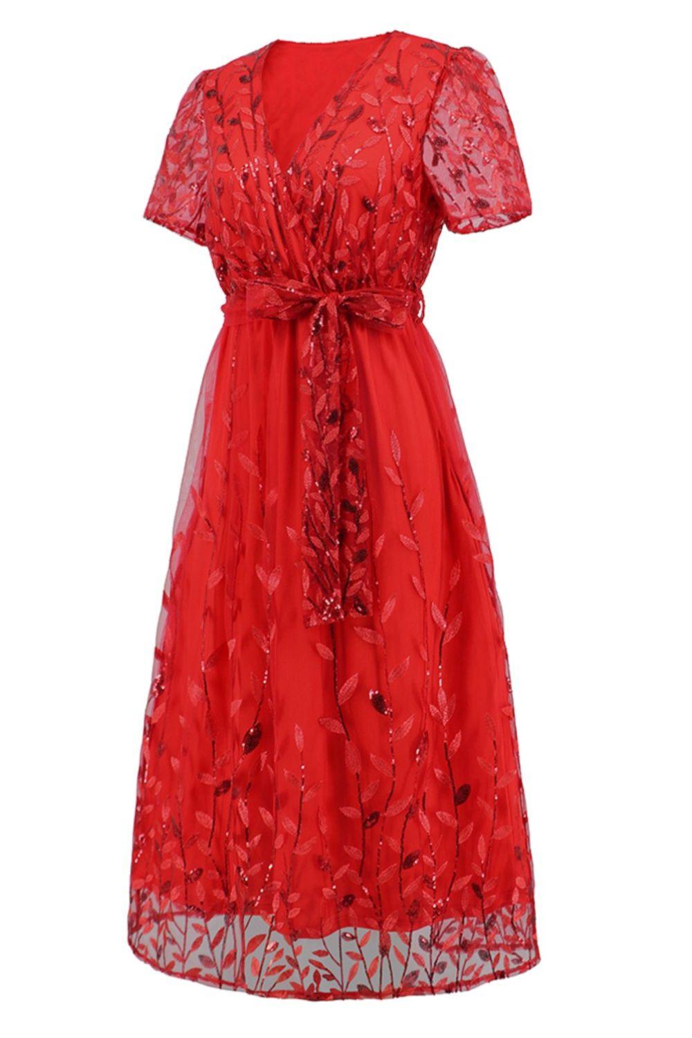Sequin Leaf Embroidery Tie Front Short Sleeve Dress Carauana Store