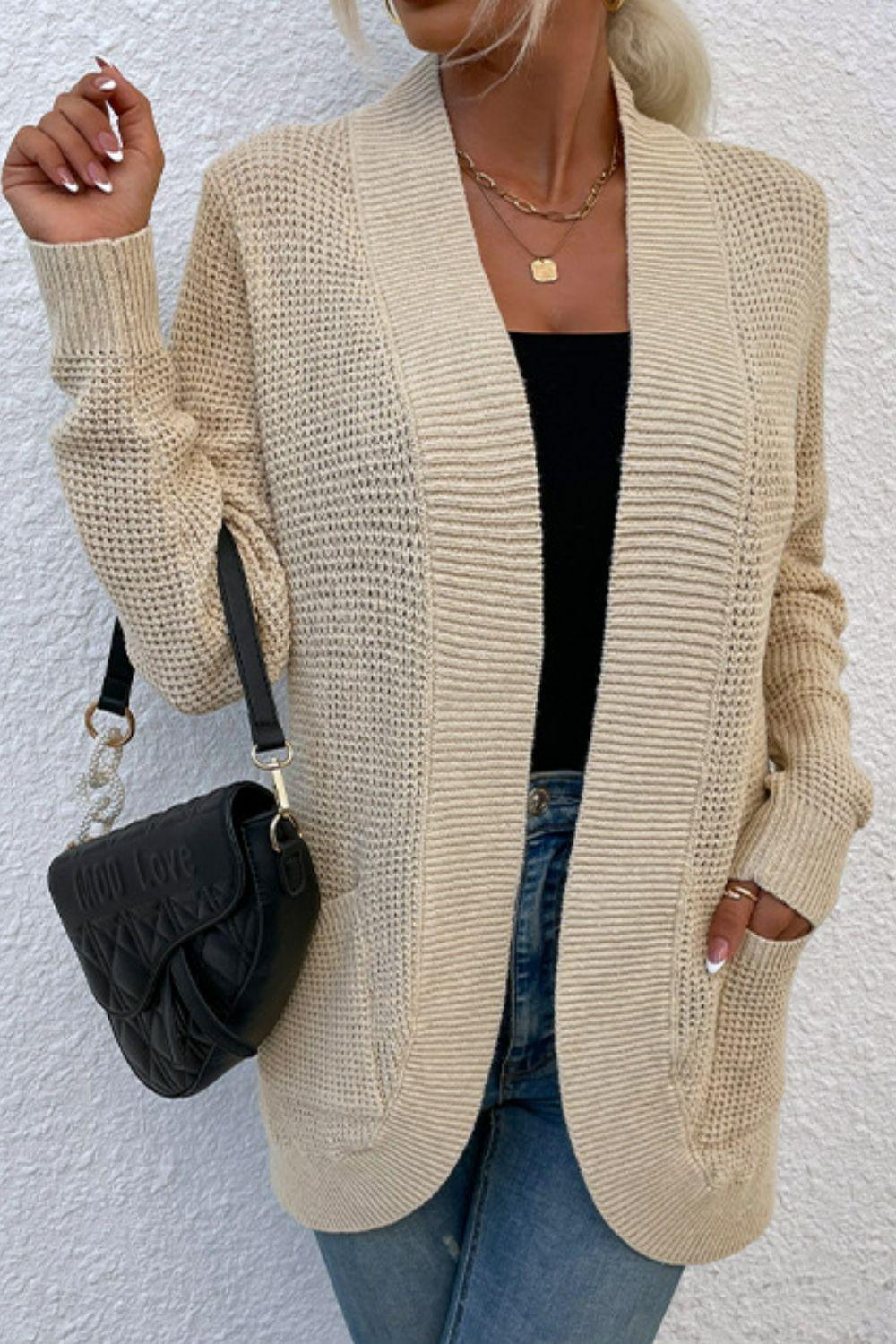Open Front Rib-Knit Cardigan with Pockets Carauana Store