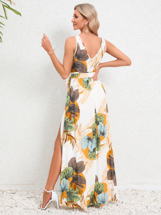 Slit Tied Printed Surplice Dress Carauana Store