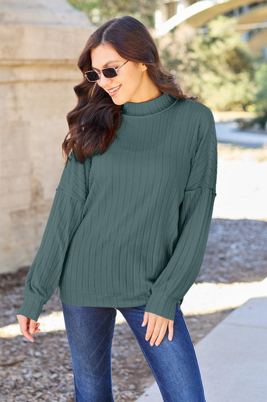 Basic Bae Full Size Ribbed Exposed Seam Mock Neck Knit Top Carauana Store