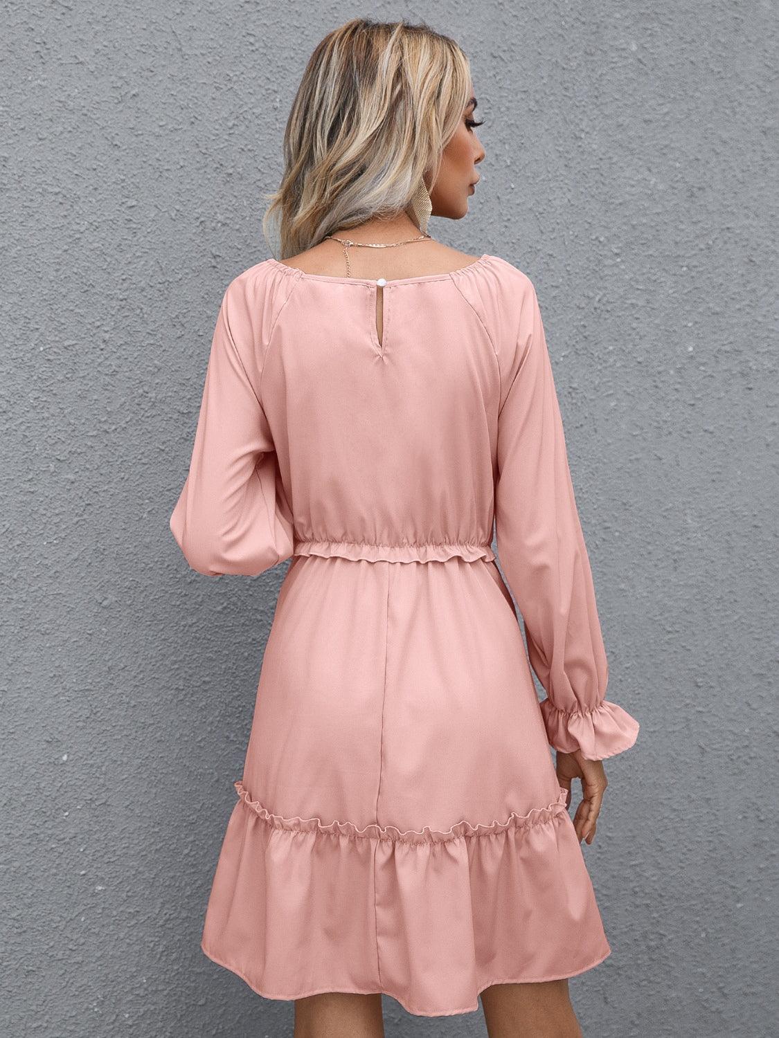 Frill V-Neck Flounce Sleeve Ruffle Hem Dress Carauana Store