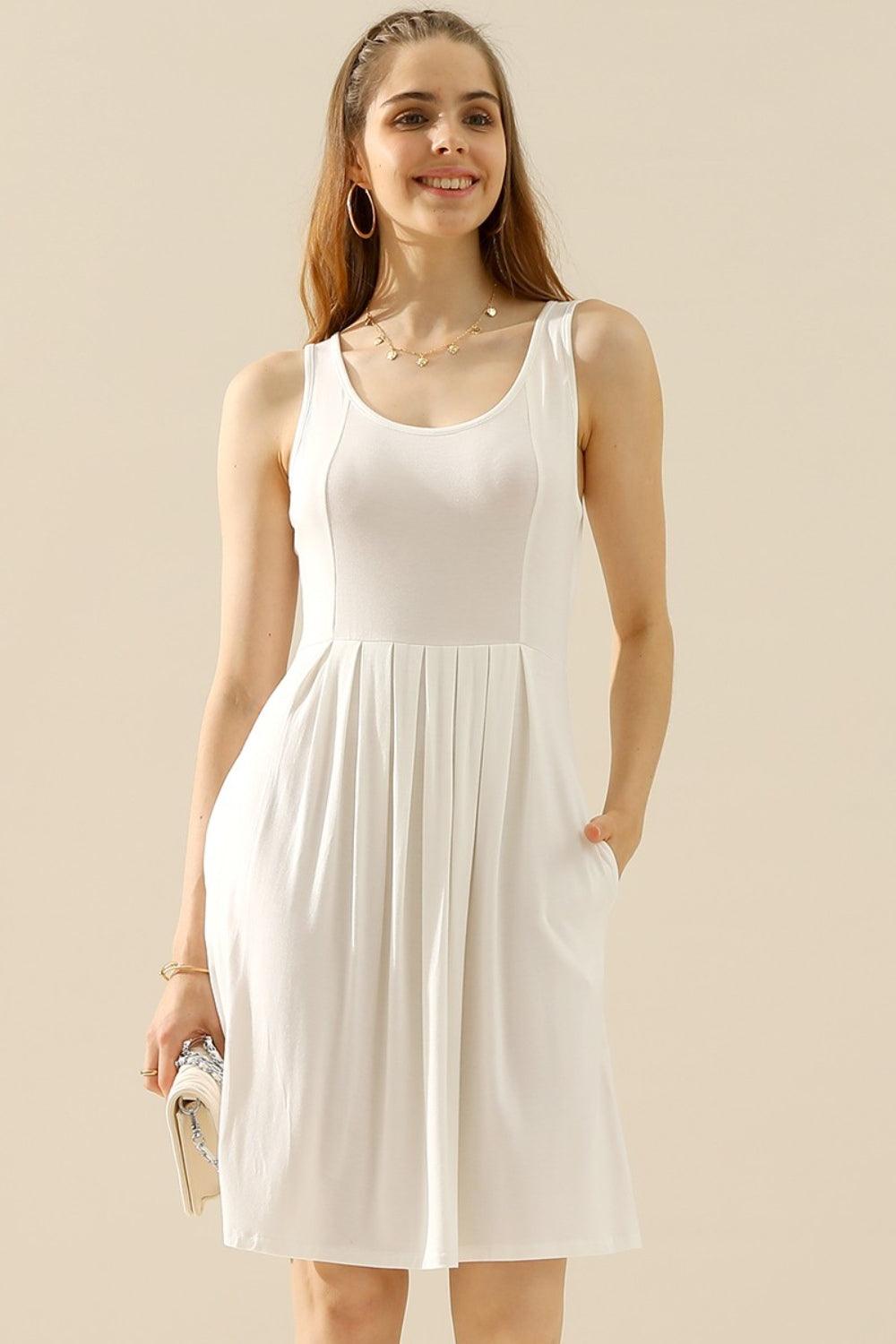 Doublju Full Size Round Neck Ruched Sleeveless Dress with Pockets Carauana Store