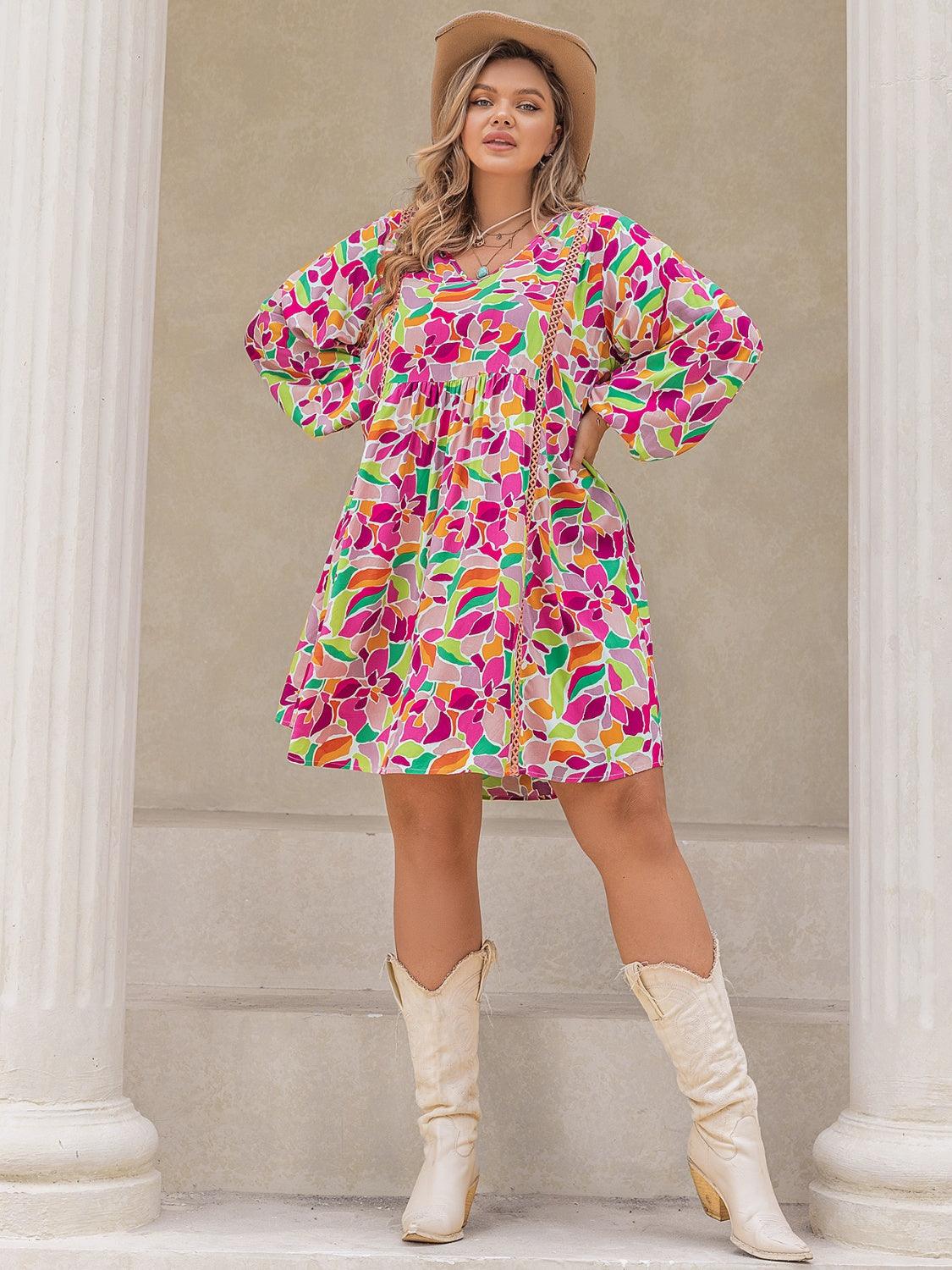 Plus Size Printed V-Neck Balloon Sleeve Mini Dress Carauana Store