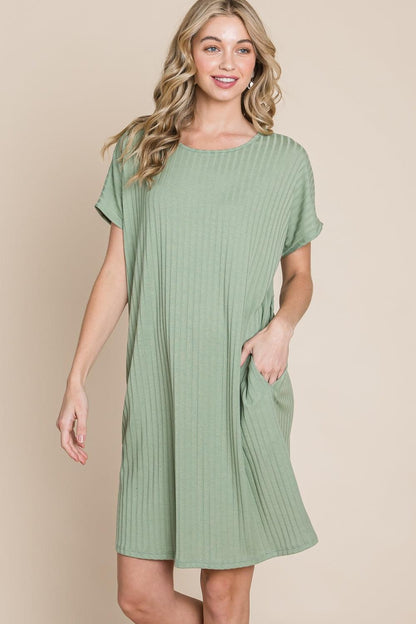 BOMBOM Ribbed Round Neck Short Sleeve Dress Carauana Store