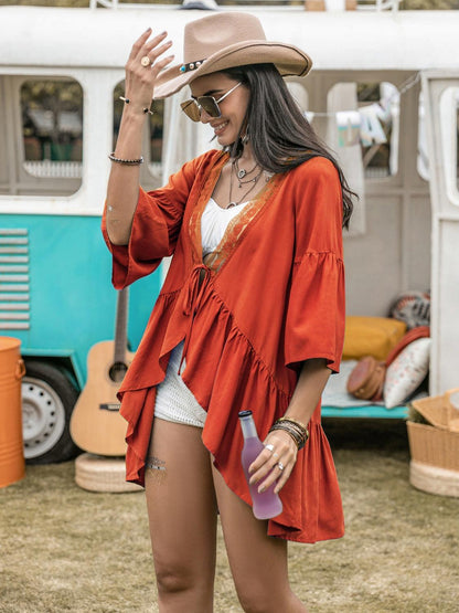 Lace Detail Tied Dropped Shoulder Cover Up Carauana Store