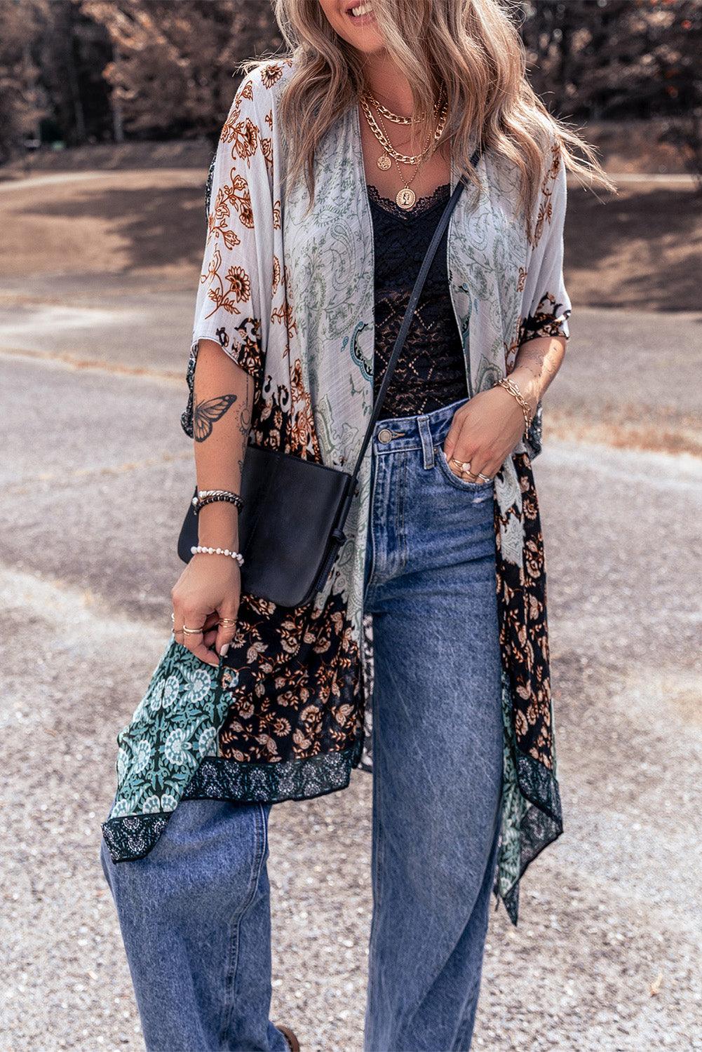 Open Front Printed Half Sleeve Cover Up Carauana Store