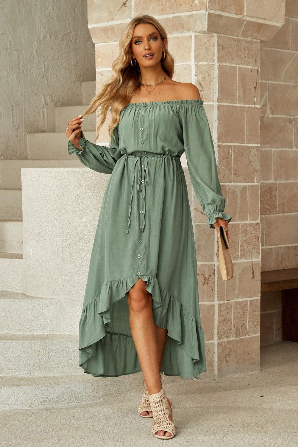 Drawstring Off-Shoulder Flounce Sleeve Dress Carauana Store