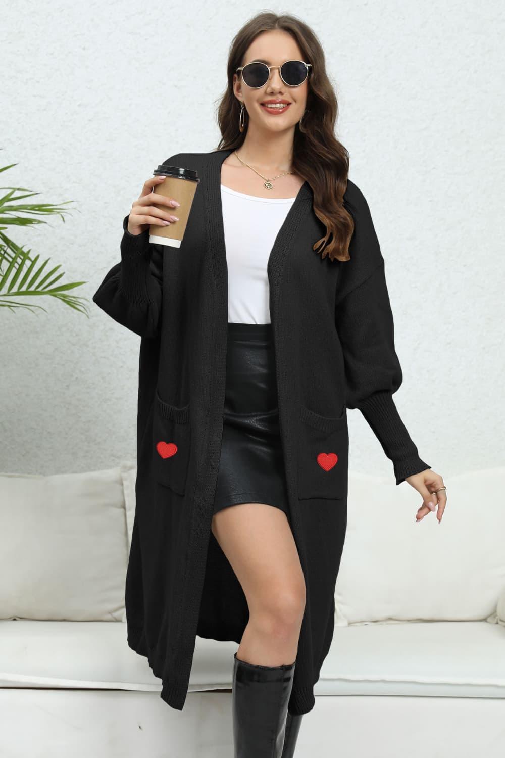 Lantern Sleeve Open Front Pocketed Cardigan Carauana Store