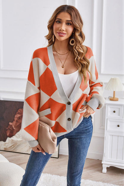 Geometric Lantern Sleeve Cardigan with Pockets Carauana Store